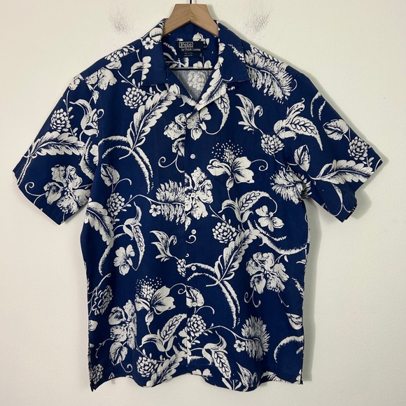 Polo by Ralph Lauren Other - Vintage Polo Ralph Lauren Mens Large Floral Hawaiian Shirt Navy Blue Cotton USA